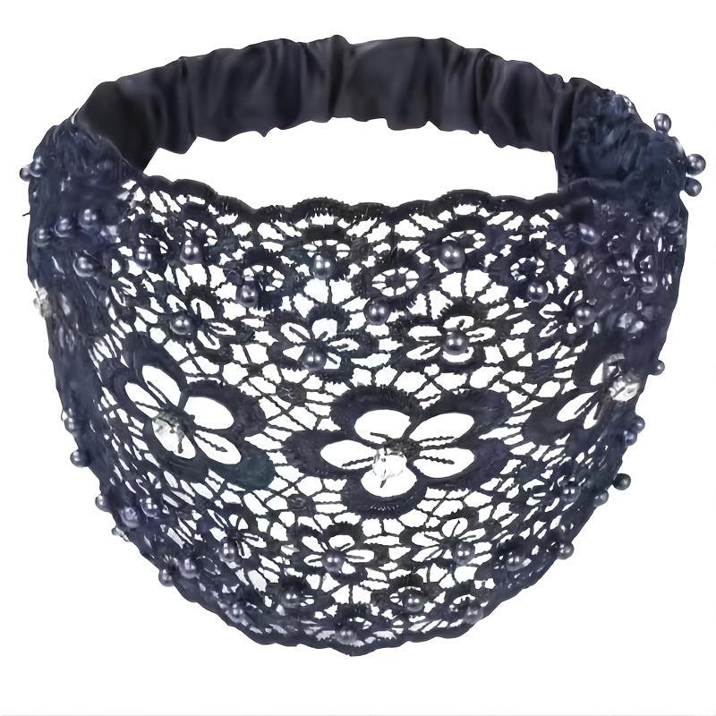 Embroidered Flower Snow Yarn Wide Turban Lace Elastic Hair Band