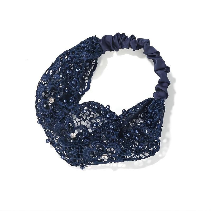 Embroidered Flower Snow Yarn Wide Turban Lace Elastic Hair Band