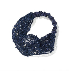 Embroidered Flower Snow Yarn Wide Turban Lace Elastic Hair Band