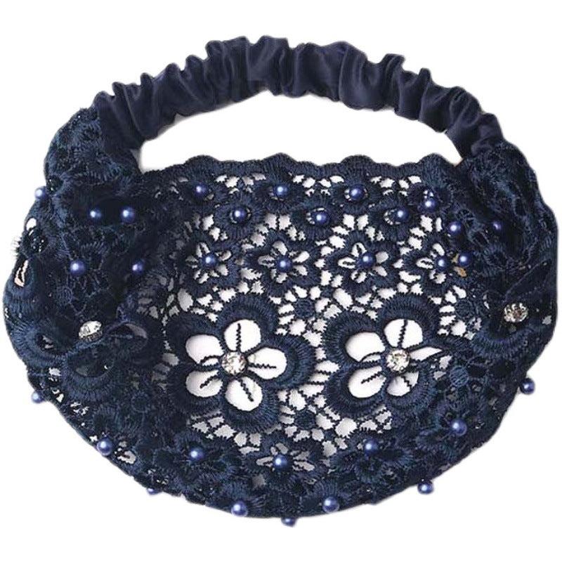 Embroidered Flower Snow Yarn Wide Turban Lace Elastic Hair Band