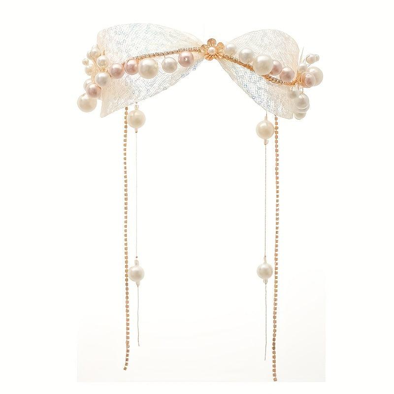 Faux Pearl Hairband French Lace Hair Tie Ribbon Head Piece