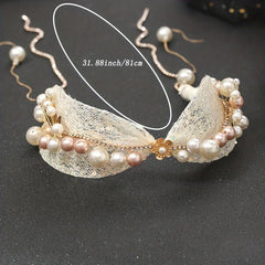 Faux Pearl Hairband French Lace Hair Tie Ribbon Head Piece