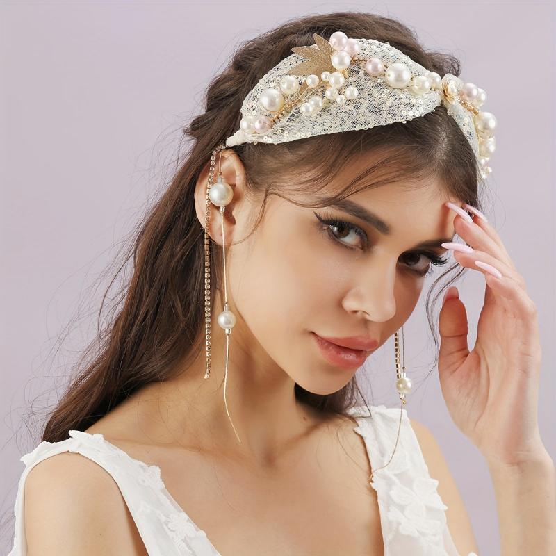Faux Pearl Hairband French Lace Hair Tie Ribbon Head Piece