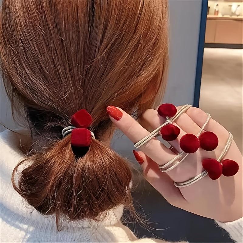 Vintage Red Hair Tie Heart Star Velvet Hair Tie Ponytail Holder
