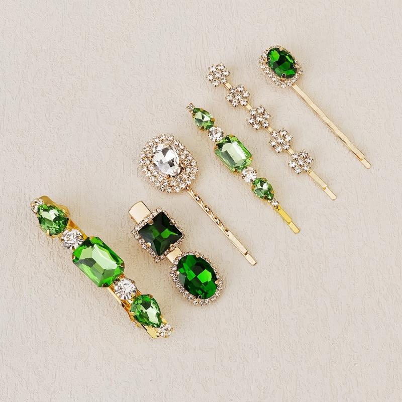 6pcs Green Crystal Hair Clips Rhinestone Hair Pins