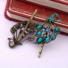Vintage Peacock Hairpins Set Resin Rhinestones Retro Style Golden Hair Clip