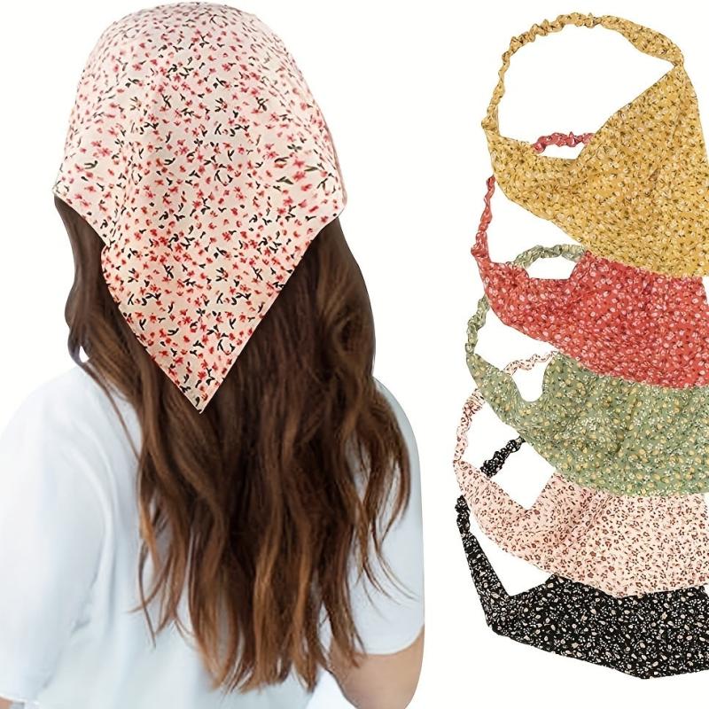 5pcs Floral Print Kerchief Chiffon Elastic Headscarf Triangular Headwear