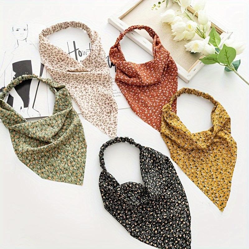 5pcs Floral Print Kerchief Chiffon Elastic Headscarf Triangular Headwear
