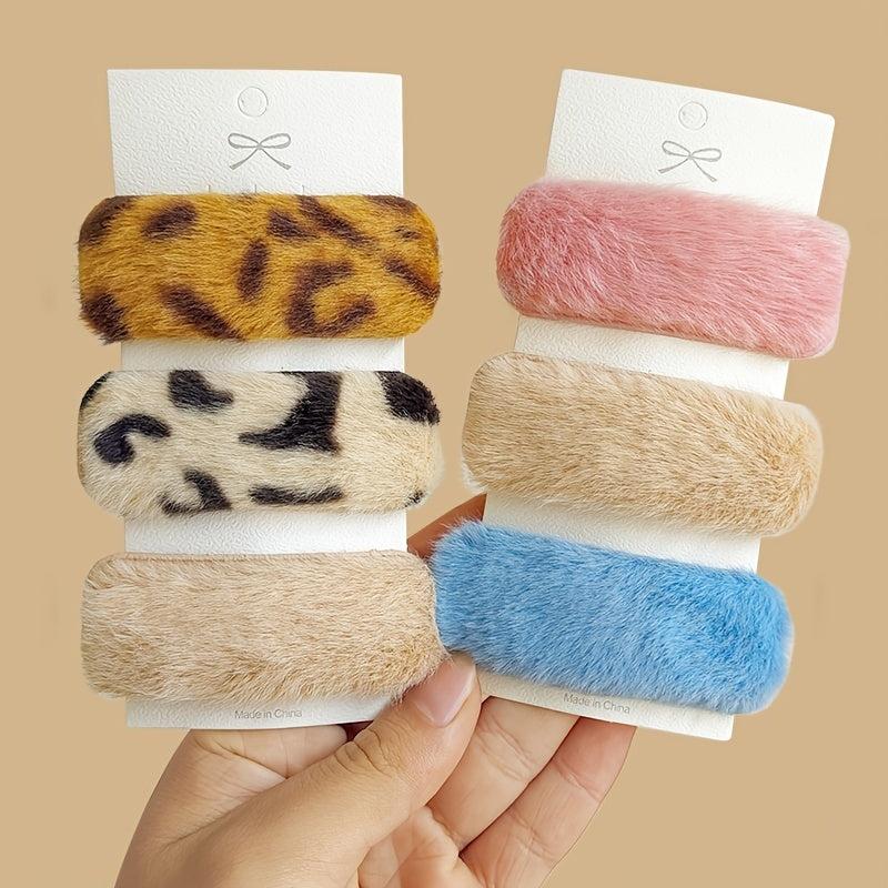 3pcs Plush Leopard Print Hair Clips for Women