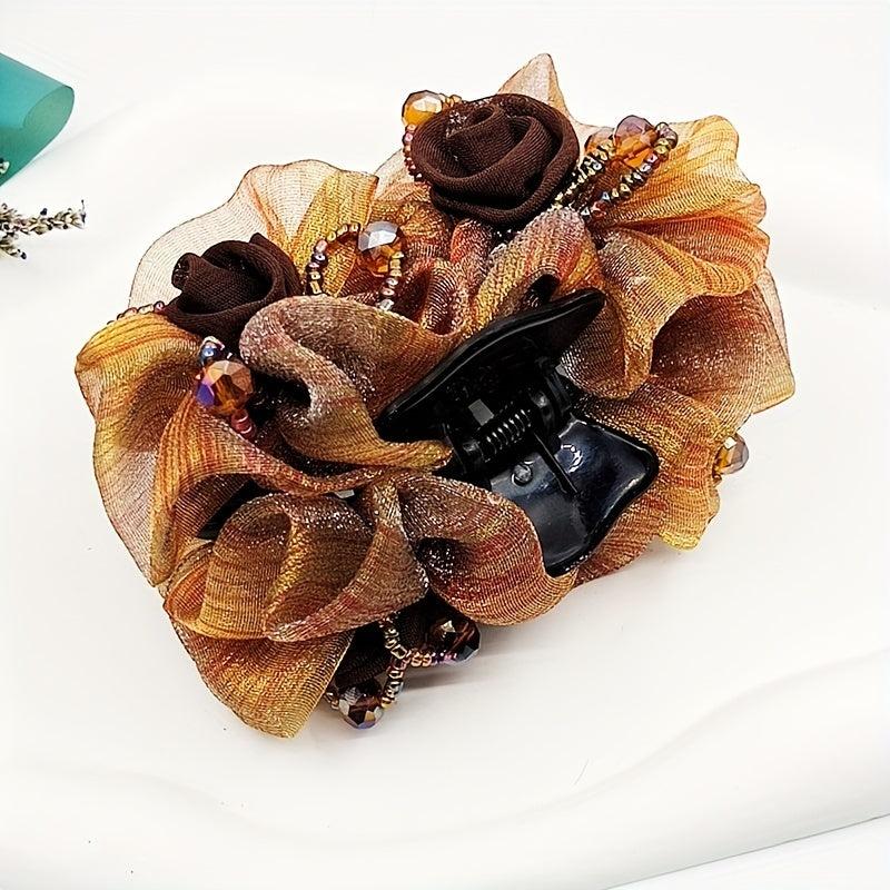 Vintage Hair Claw Tulle Flower Beaded Hair Claw Ponytail Holder