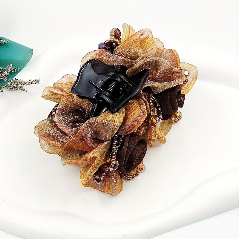Vintage Hair Claw Tulle Flower Beaded Hair Claw Ponytail Holder