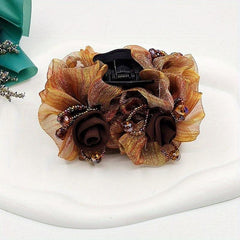 Vintage Hair Claw Tulle Flower Beaded Hair Claw Ponytail Holder
