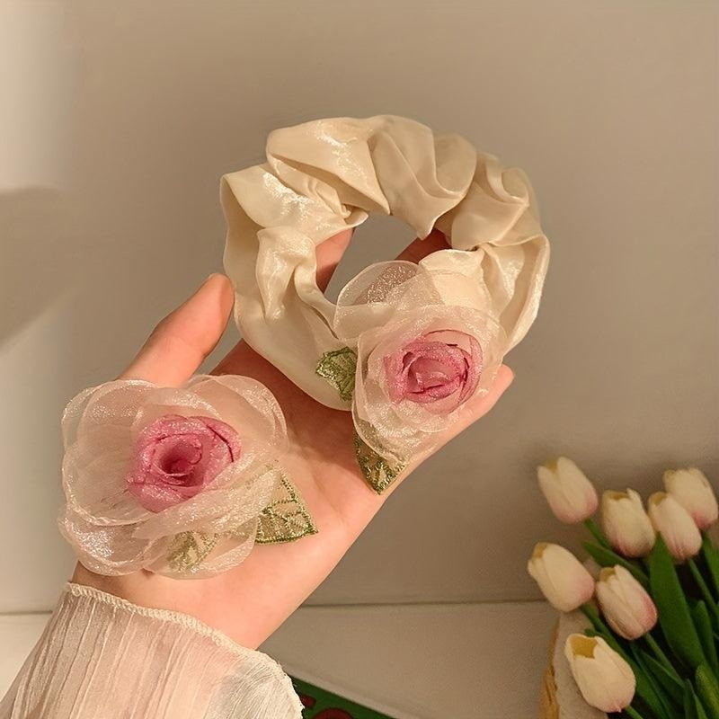 Gradient Flower Hair Tie Rose Mesh Hair Rope Headwear
