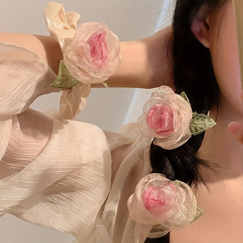 Gradient Flower Hair Tie Rose Mesh Hair Rope Headwear