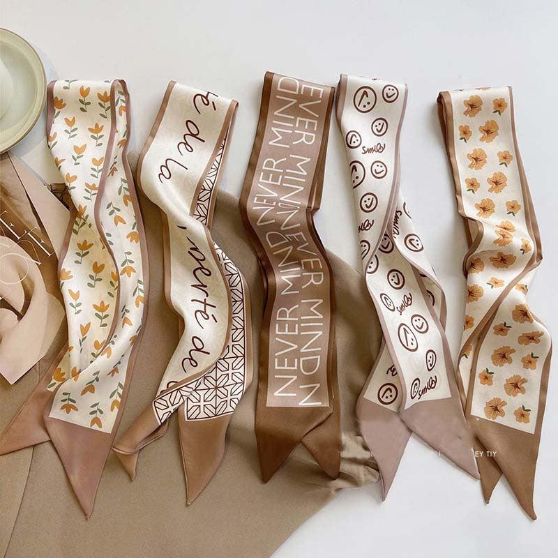 Khaki Letter Graphic Silk Like Scarf Headband Streamer Hair Tie Long Bow