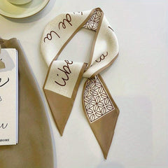 Khaki Letter Graphic Silk Like Scarf Headband Streamer Hair Tie Long Bow