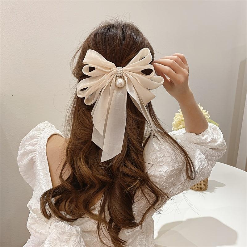 Faux Pearl Yarn Bowknot Hair Claw Large Bowknot Shark Claw Ribbon Hair Accessory