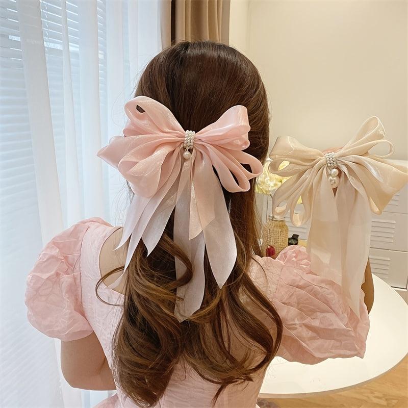 Faux Pearl Yarn Bowknot Hair Claw Large Bowknot Shark Claw Ribbon Hair Accessory