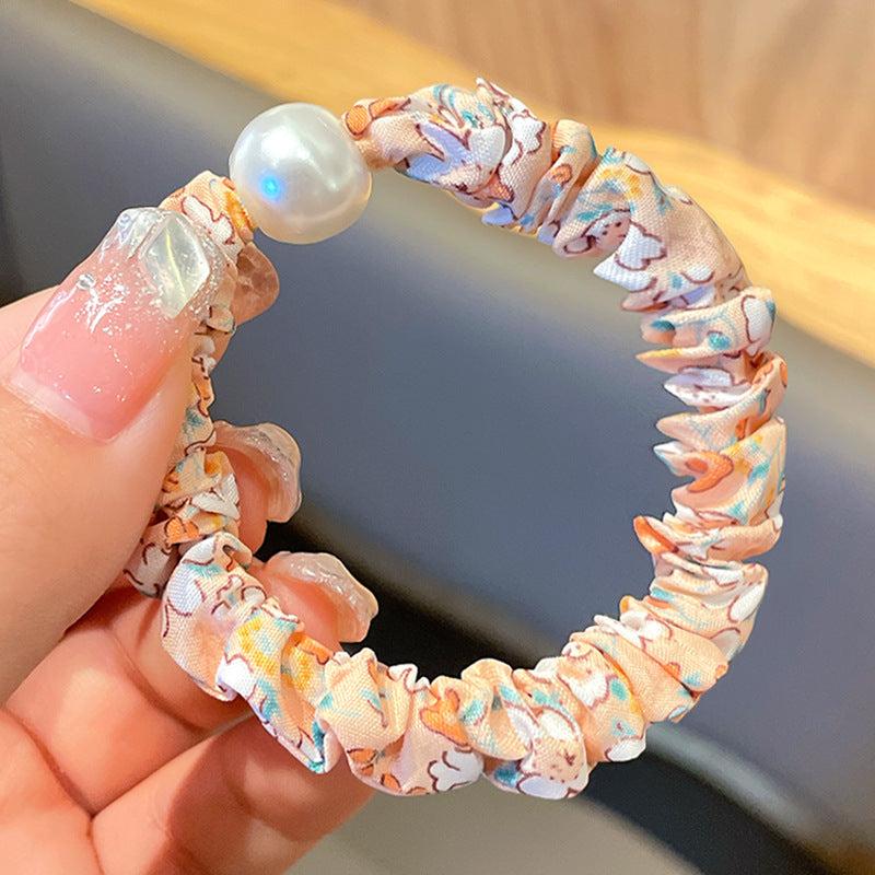Floral Print Faux Pearl Scrunchies Hair Tie Bracelet Style