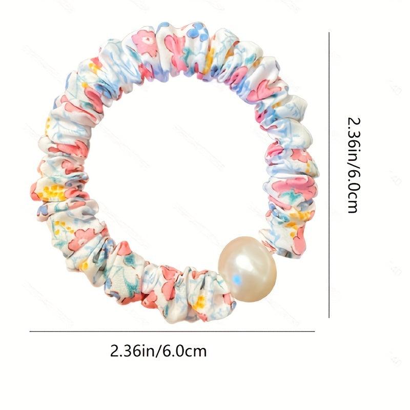 Floral Print Faux Pearl Scrunchies Hair Tie Bracelet Style