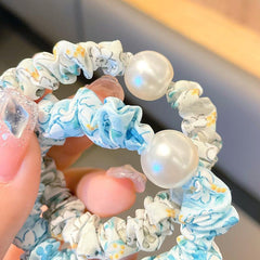 Floral Print Faux Pearl Scrunchies Hair Tie Bracelet Style