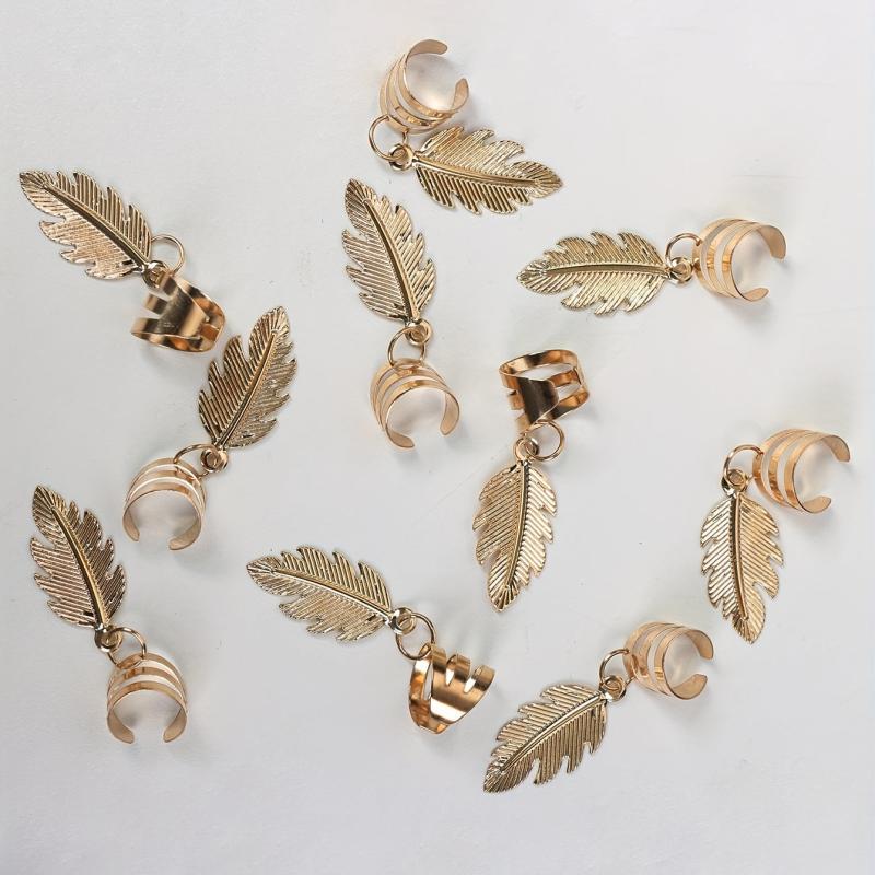 10pcs Golden Hair Ring For Dreadlock Feather Shaped Hair Braids Ring Style