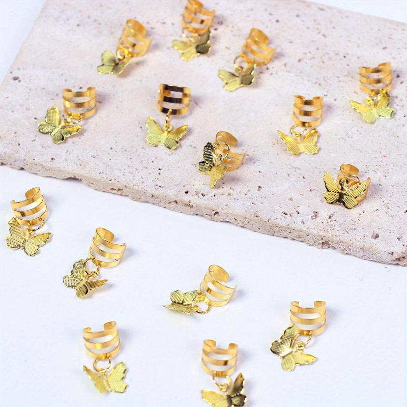 15pcs Golden Dreadlock Hair Ring With Butterfly Tassel Alloy Braids Hair