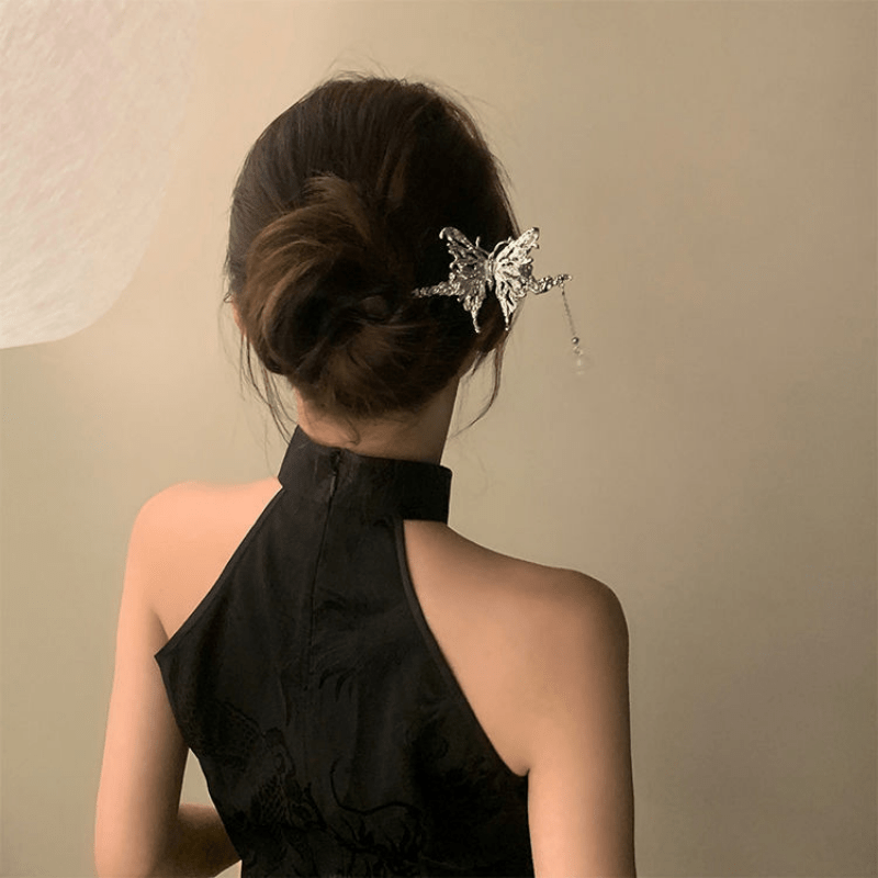 Liquid Metal Butterfly Shape Hairpin Silvery Hair Stick Ponytail Holder