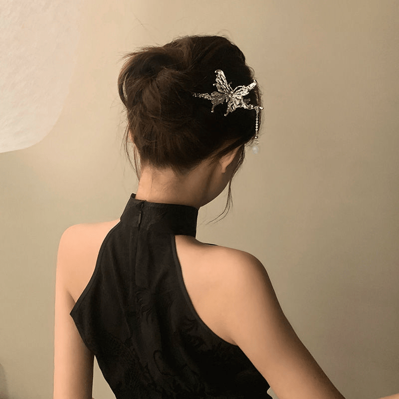 Liquid Metal Butterfly Shape Hairpin Silvery Hair Stick Ponytail Holder