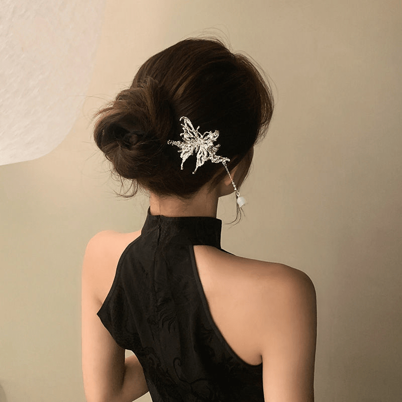 Liquid Metal Butterfly Shape Hairpin Silvery Hair Stick Ponytail Holder