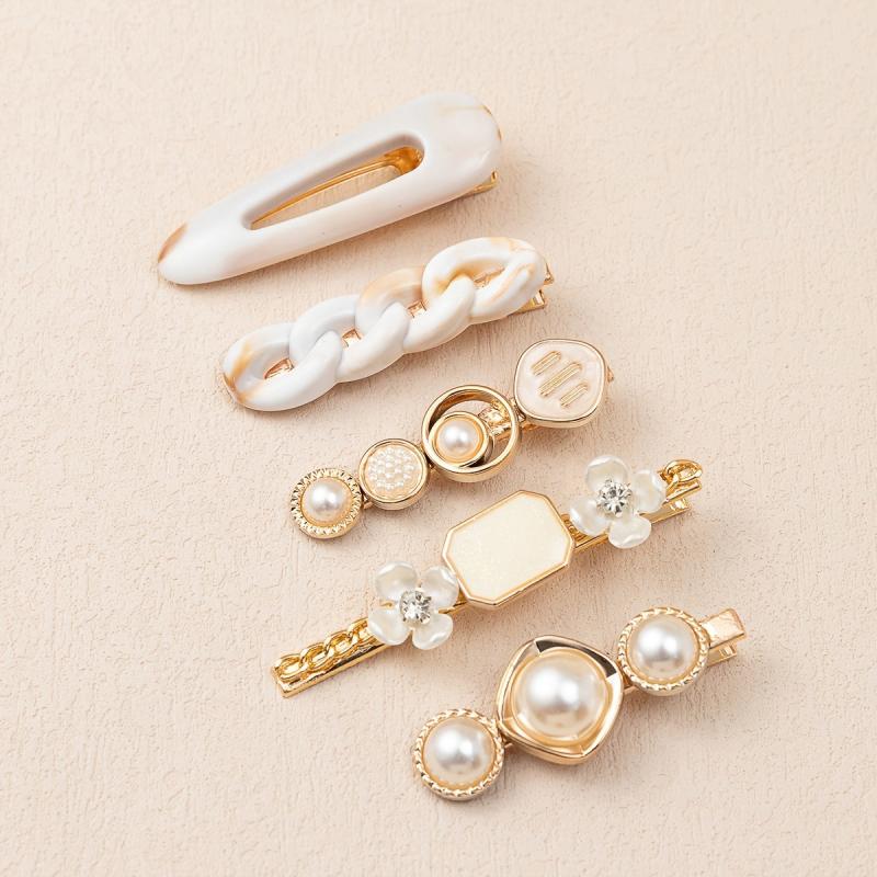 5pcs Multicolor Faux Pearl Flower Hair Clip Metal Hair Accessories