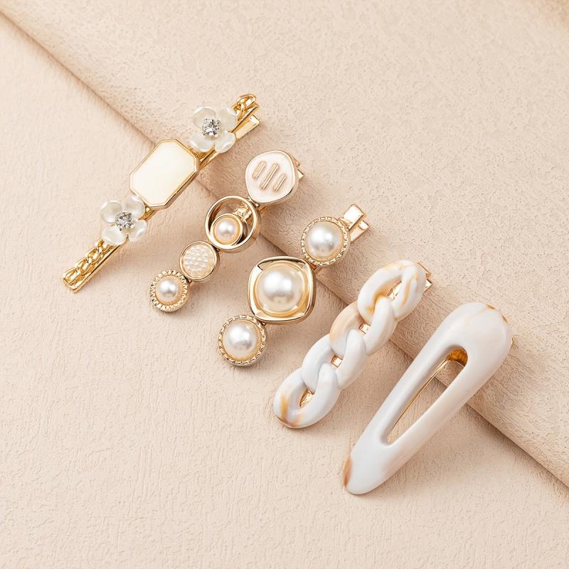 5pcs Multicolor Faux Pearl Flower Hair Clip Metal Hair Accessories