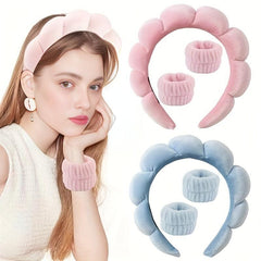 3pcs Face Spa Make up Hairband Wrist Band Sponge Towel Pile Hoop