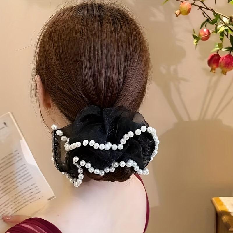 Organza Scrunchies Hair Tie with Faux Pearl Brim Elastic Ponytail Holder