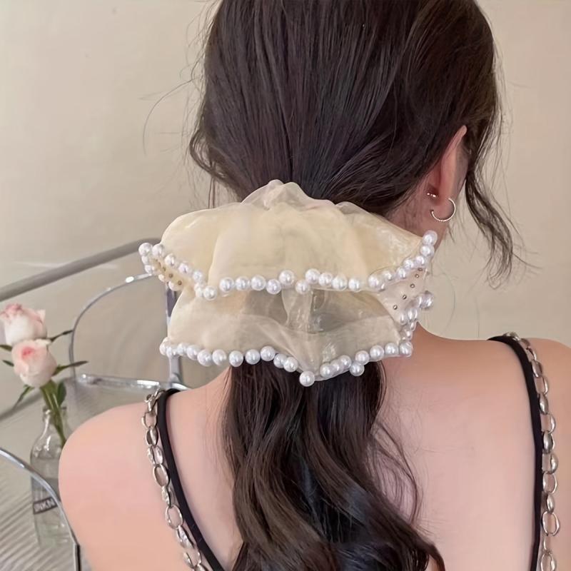 Organza Scrunchies Hair Tie with Faux Pearl Brim Elastic Ponytail Holder