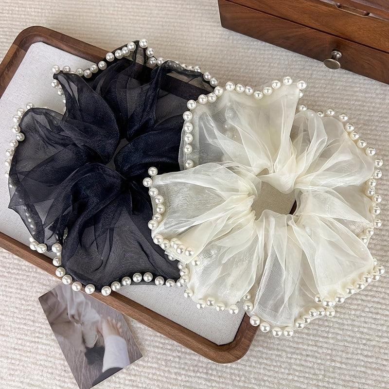 Organza Scrunchies Hair Tie with Faux Pearl Brim Elastic Ponytail Holder