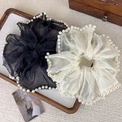 Organza Scrunchies Hair Tie with Faux Pearl Brim Elastic Ponytail Holder