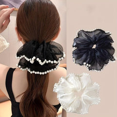 Organza Scrunchies Hair Tie with Faux Pearl Brim Elastic Ponytail Holder