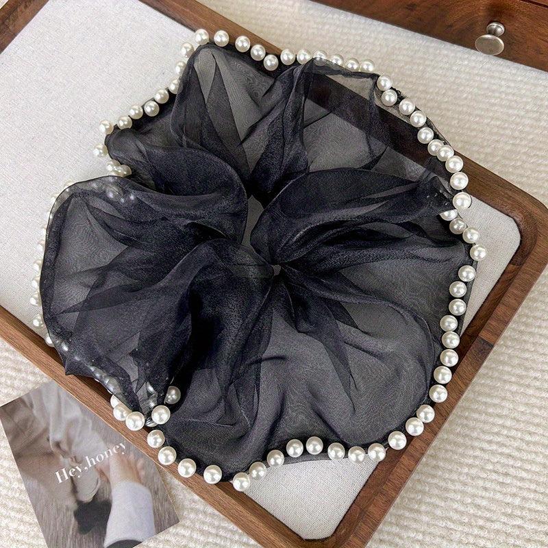 Organza Scrunchies Hair Tie with Faux Pearl Brim Elastic Ponytail Holder