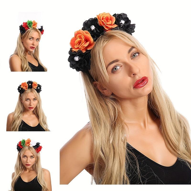 Colorful Rose Flower Headband Skull Pattern Punky Style Hair Band