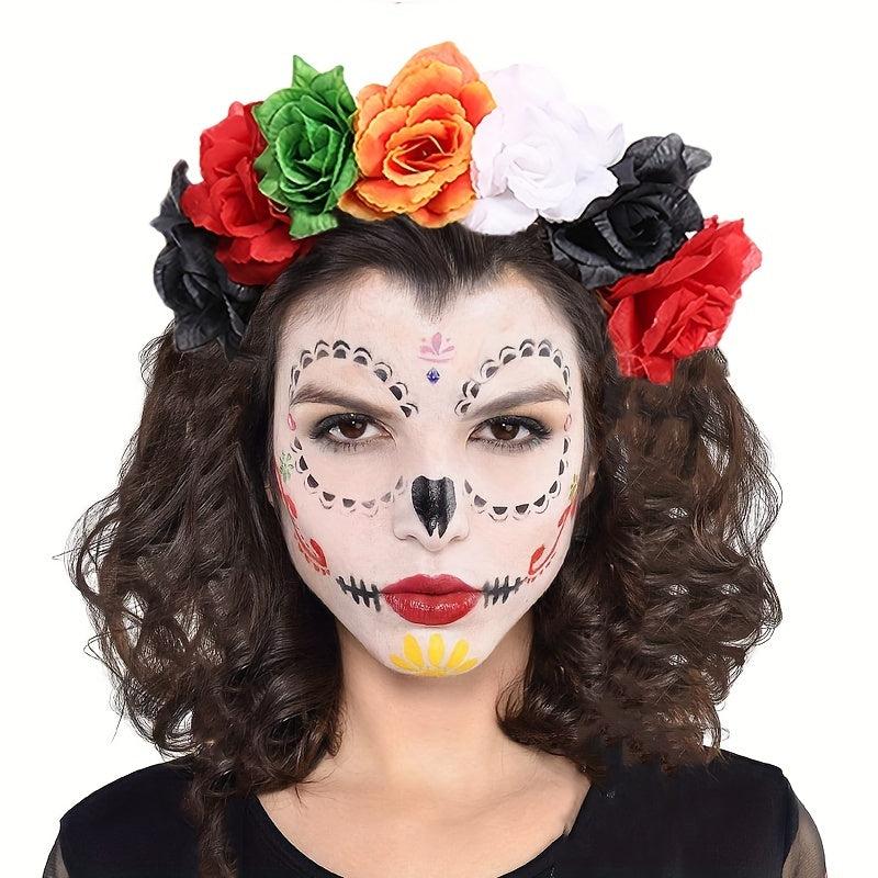 Colorful Rose Flower Headband Skull Pattern Punky Style Hair Band