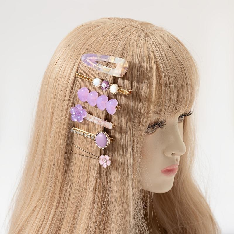 6pcs Purple Rhinestone Hair Clip Metal Barrette Hair Accessories