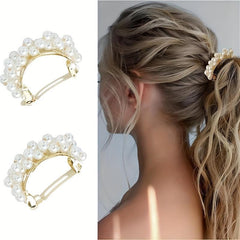 2pcs Faux Pearl Barrette Cuff Hair Clip For Women Girls