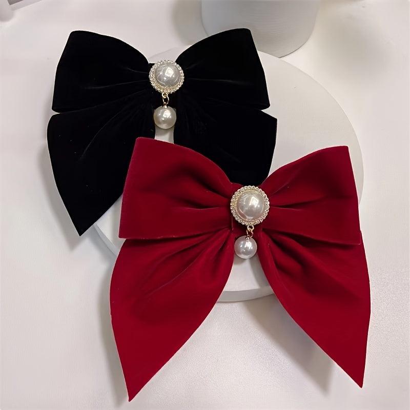 2pcs Vintage Big Hair Bow Clips Velvet Faux Pearl Hair Pins