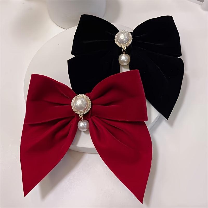 2pcs Vintage Big Hair Bow Clips Velvet Faux Pearl Hair Pins
