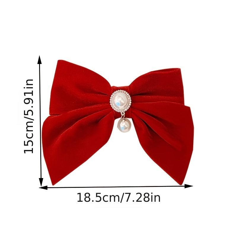 2pcs Vintage Big Hair Bow Clips Velvet Faux Pearl Hair Pins