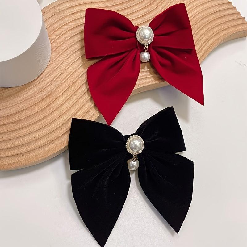 2pcs Vintage Big Hair Bow Clips Velvet Faux Pearl Hair Pins