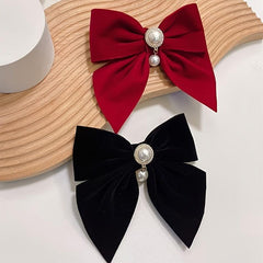 2pcs Vintage Big Hair Bow Clips Velvet Faux Pearl Hair Pins