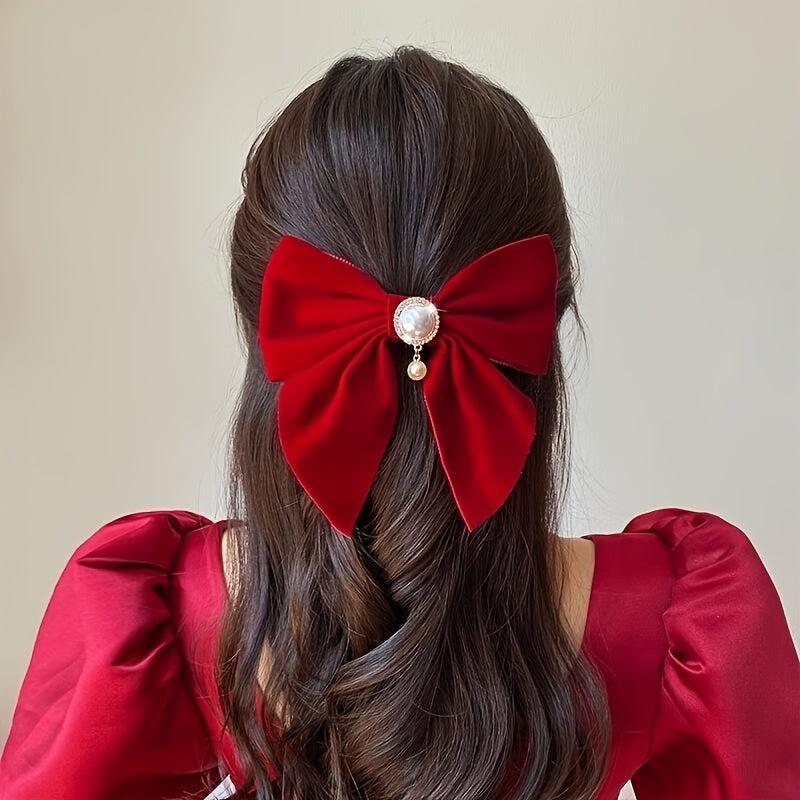 2pcs Vintage Big Hair Bow Clips Velvet Faux Pearl Hair Pins