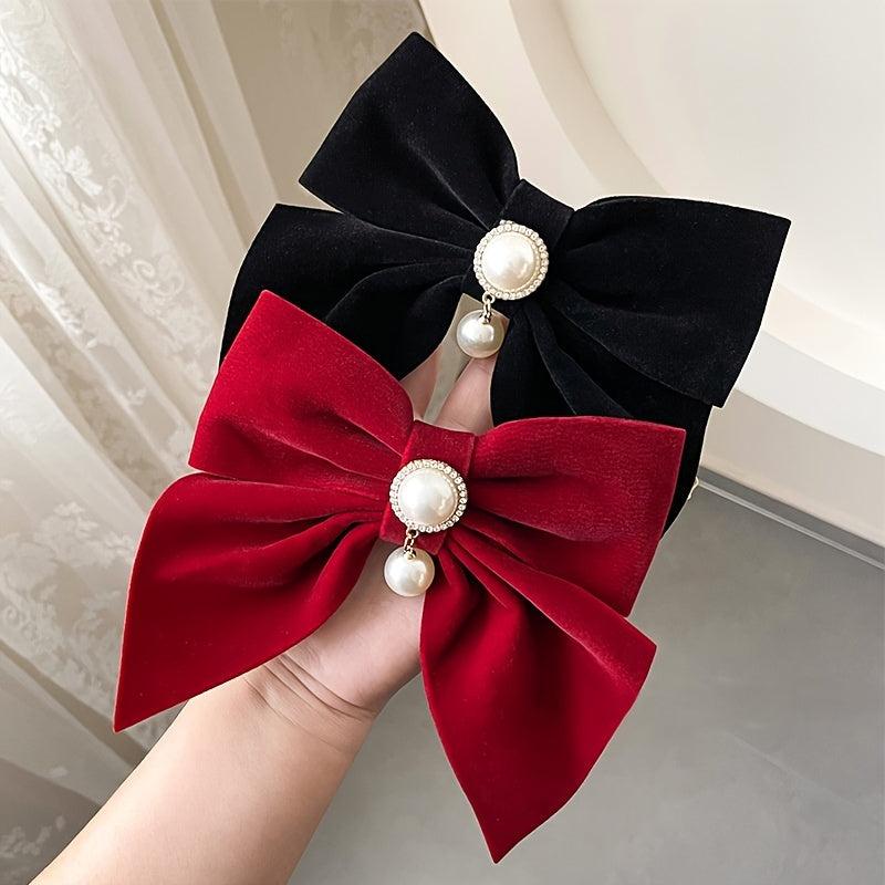 2pcs Vintage Big Hair Bow Clips Velvet Faux Pearl Hair Pins